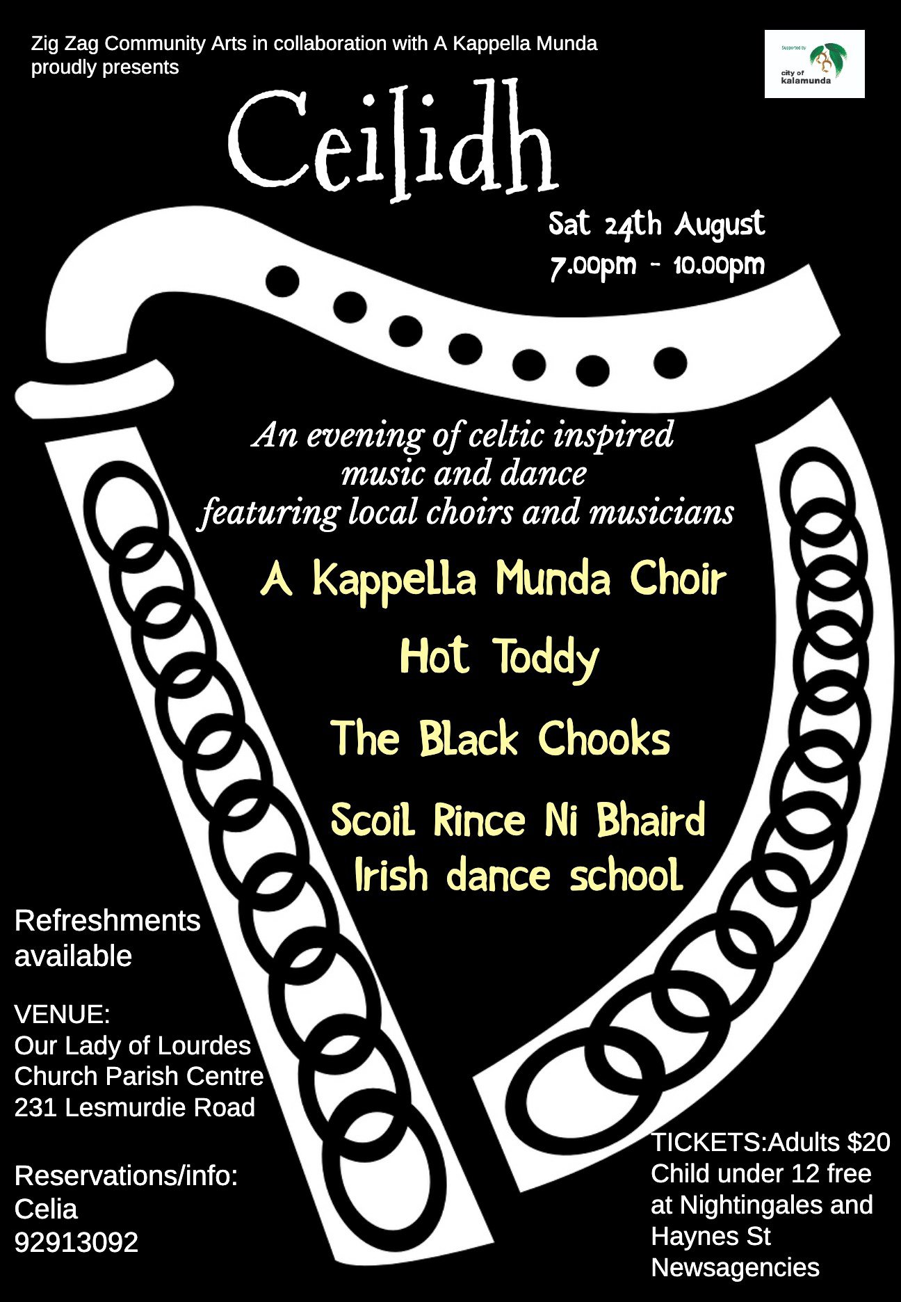 Poster listing performers A Kappella Munda, Hot Toddy, Black Chooks, and Scoil Rince ni Bhaird irish dance school